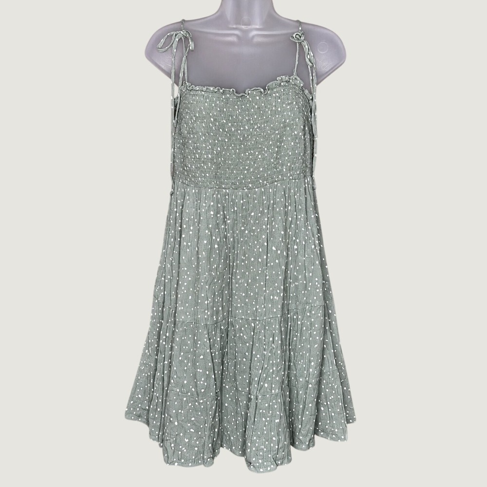 Abercrombie Fitch Mini Dress XLT Green Smocked Polka Dot Tie Strap Cottage Boho